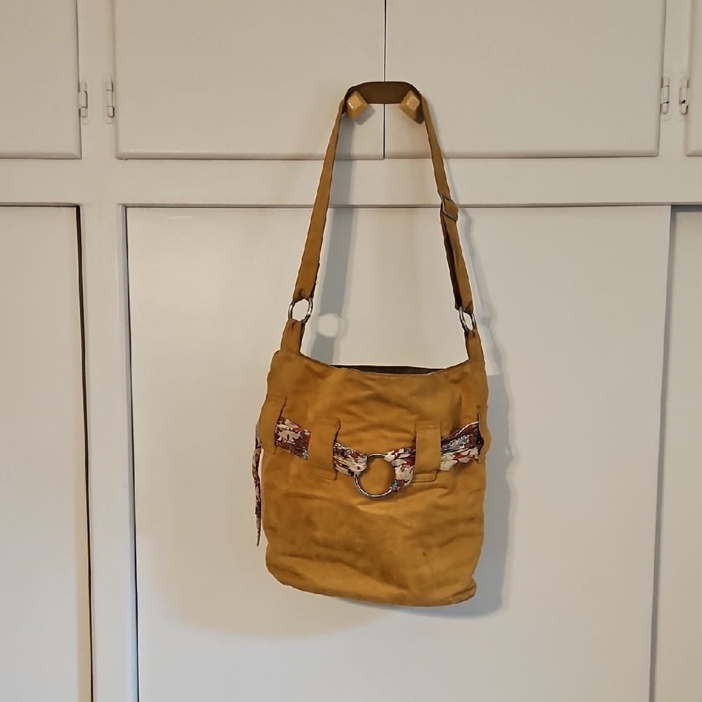Suede Mustard Yellow Shoulder/bucket Bag with Floral Accent/belt Silver Rings